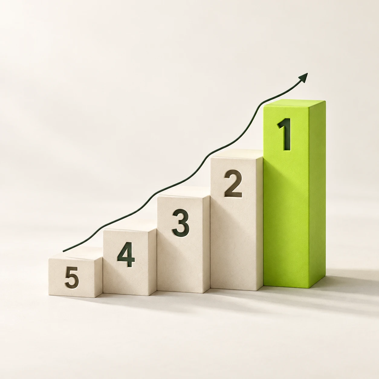 Ranking-Treppe von Platz 5 bis Platz 1: der erste Platz ist limettengrün hervorgehoben, eine Linie steigt bis zur Spitze.